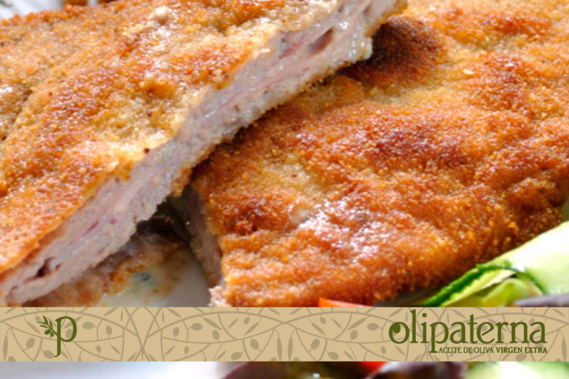 El aceite de Olipaterna con el cachopo asturiano de jamón cocido y queso azul