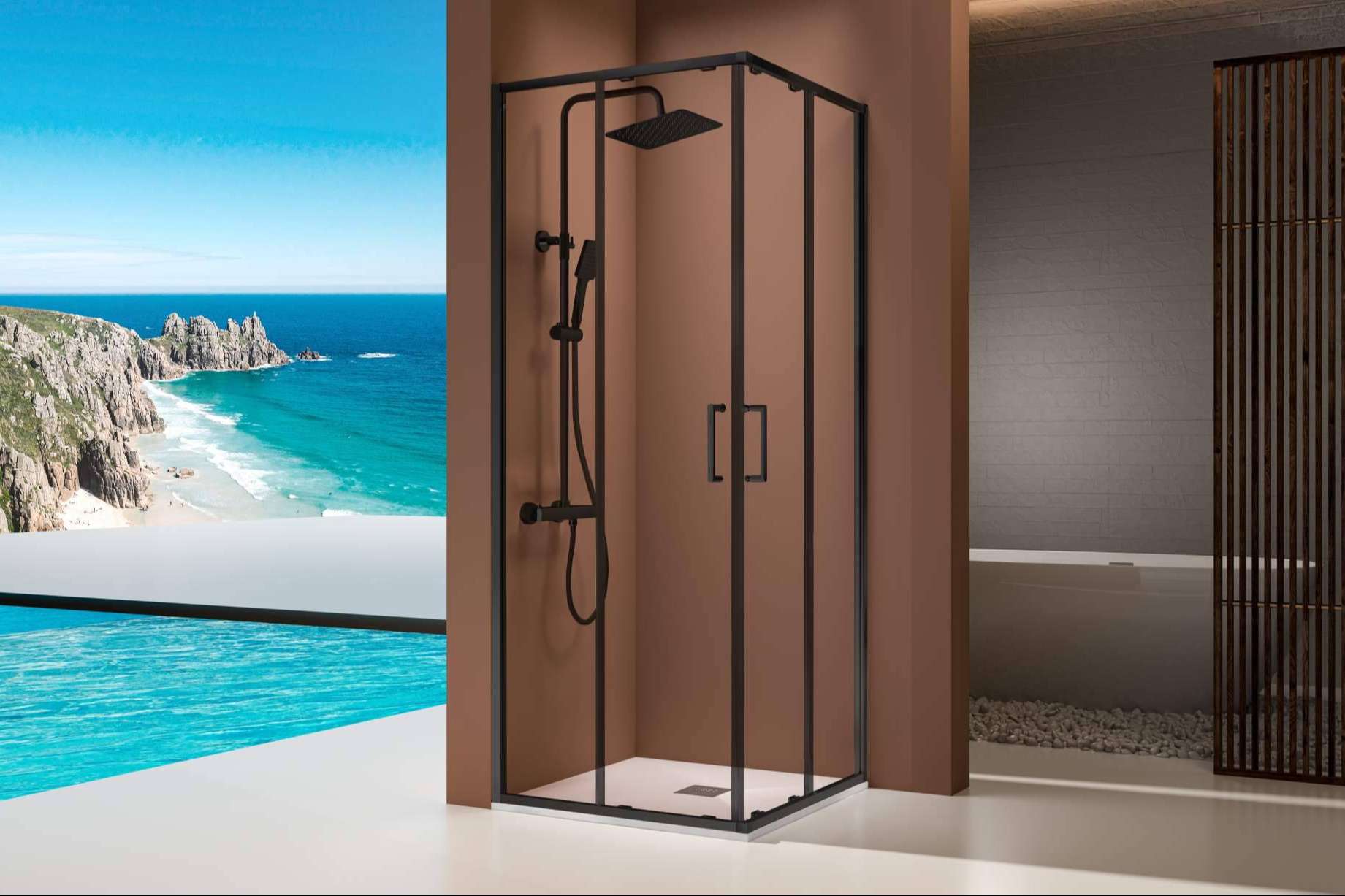 Mamparas de baño con perfil negro y oro cepillado, disponibles en Mamparas Blau