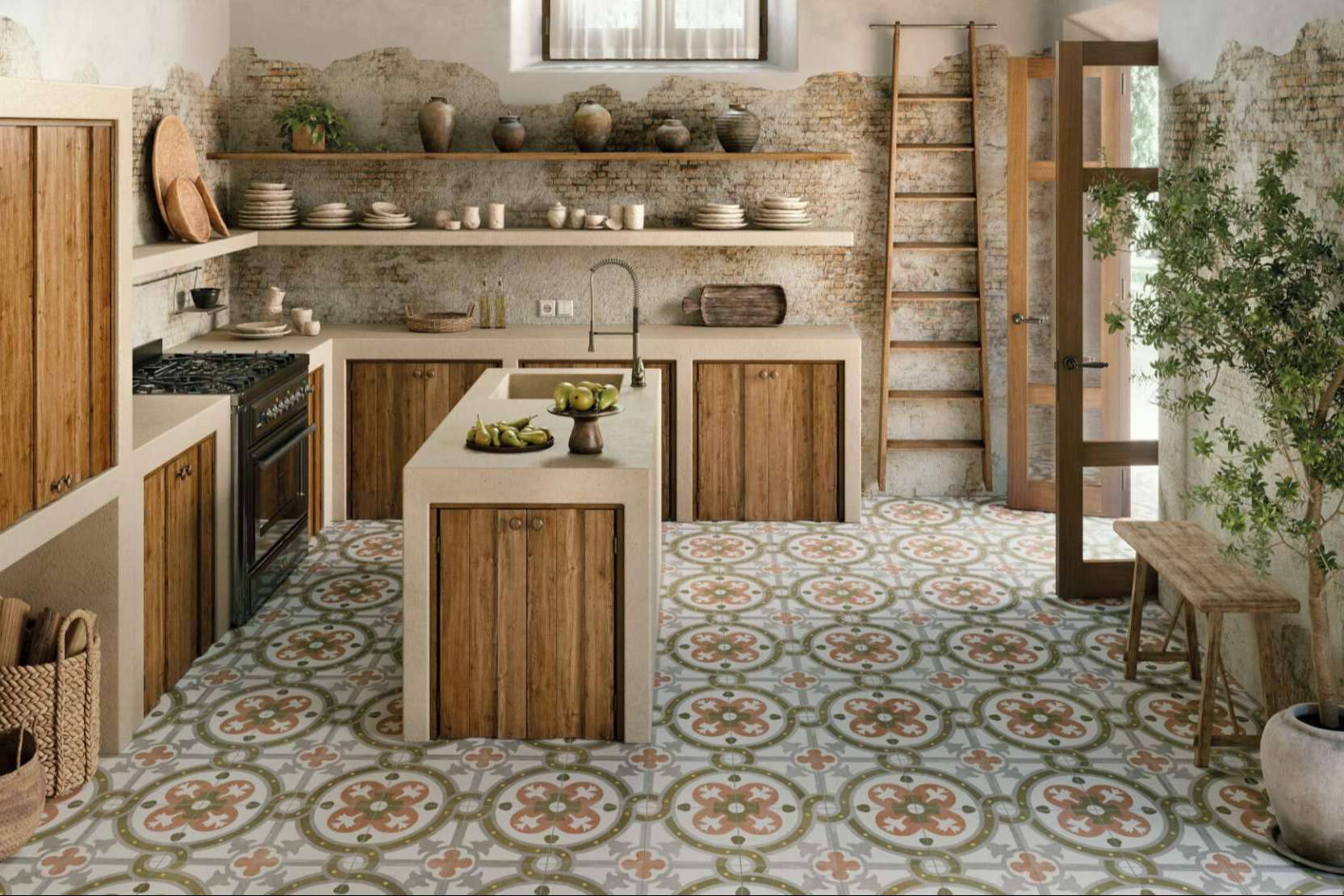 Cocinas con suelos imitación hidráulico, una alternativa atemporal y elegante